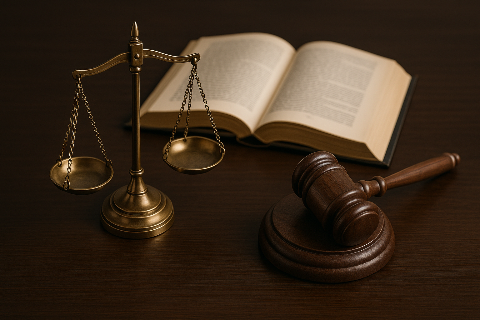 Ανοιχτό βιβλίο δικαίου με ζυγό δικαιοσύνης και σφύρα